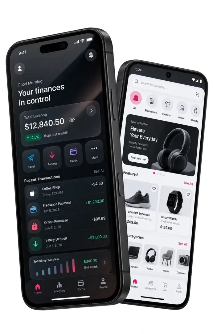 Mobile app screens on smartphone devices